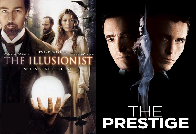 Collage of movie posters for The Illusionist (2006) and The Prestige (2006), both films about rival magicians in historical settings.